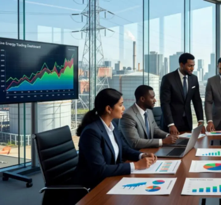 Energy sector professionals in a meeting reviewing UK power market strategies