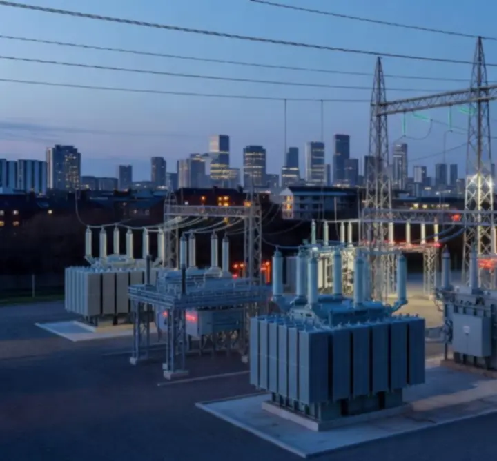 High-voltage UK electricity infrastructure at dusk