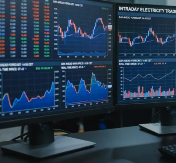 Screens displaying intraday and day-ahead electricity trading data