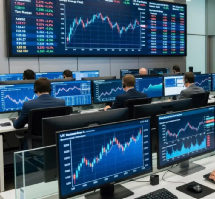 UK energy trading floor with active screens and market data