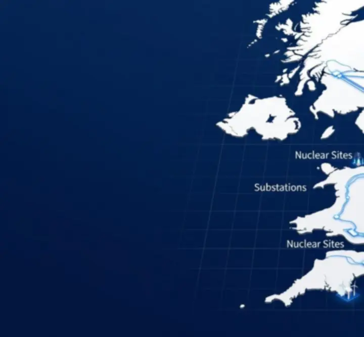 Stylised map of the UK power grid highlighting regional electricity infrastructure and transmission links